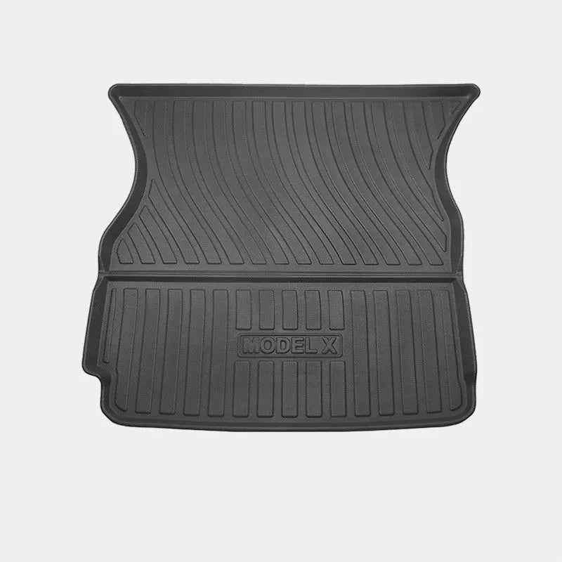 Tesla Model X waterproof car mats set showing front, rear, and tailbox protection for 2016-2023 vehicles