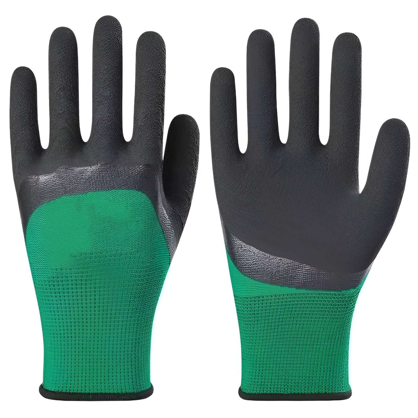 Black and green rubber work gloves with textured non-slip surface and extended cuff.