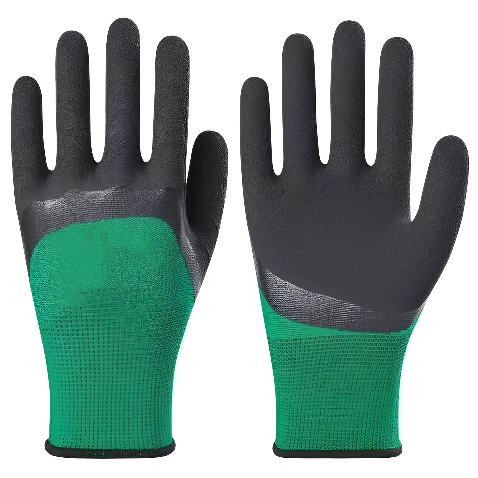 Black and green rubber work gloves with textured non-slip surface and extended cuff.