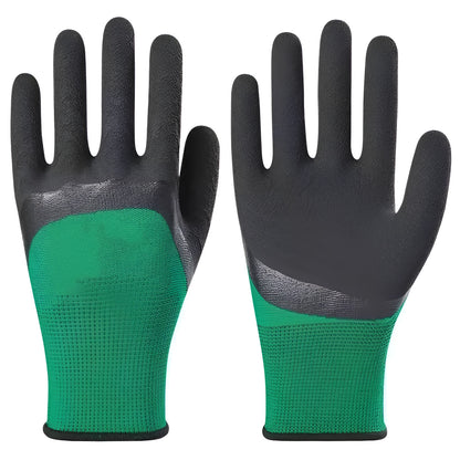 Black and green rubber work gloves with textured non-slip surface and extended cuff.