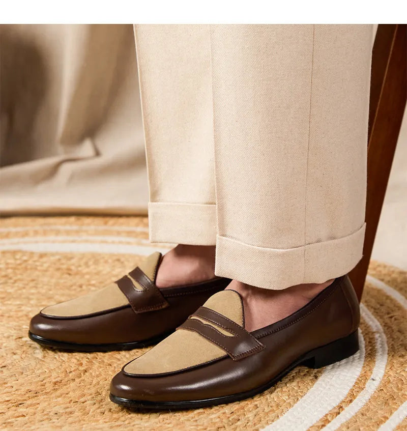 Men's coffee grey suede leather loafers with a kick-on closure, shown on a white background.