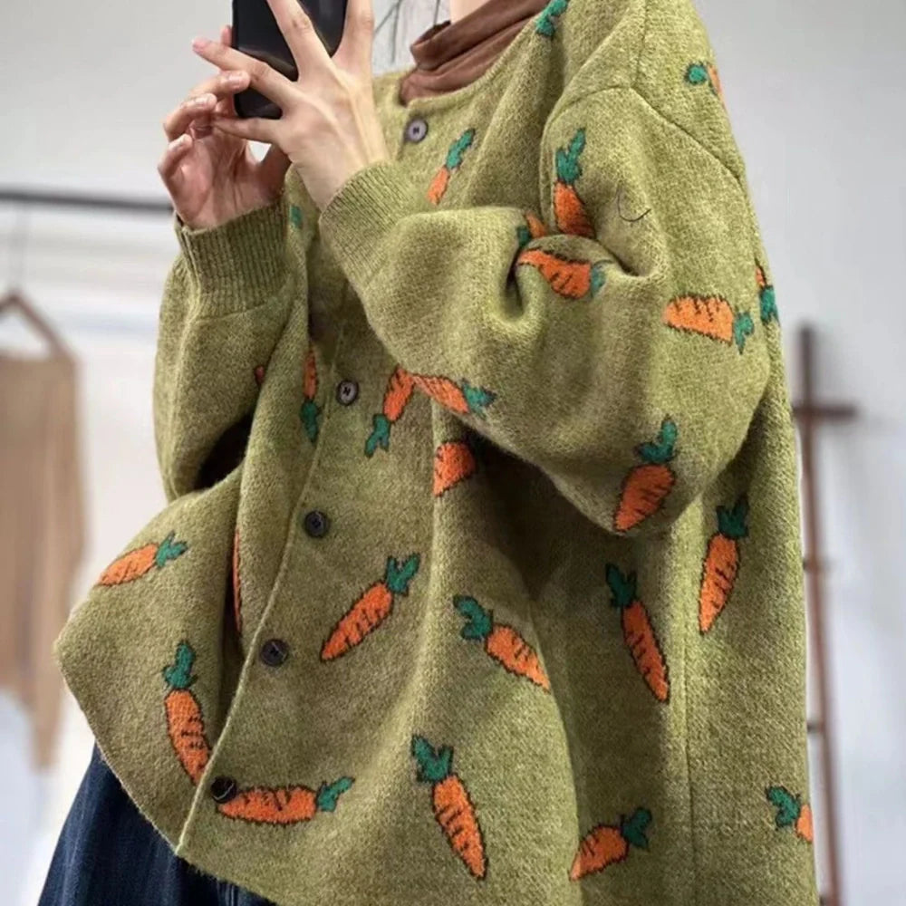 Round neck Mori artistic printing cardigan with colour contrast design in loose casual fit
