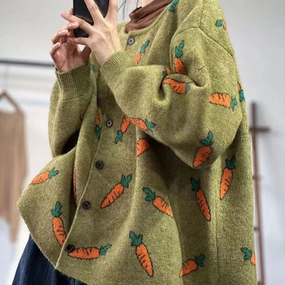 Round neck Mori artistic printing cardigan with colour contrast design in loose casual fit
