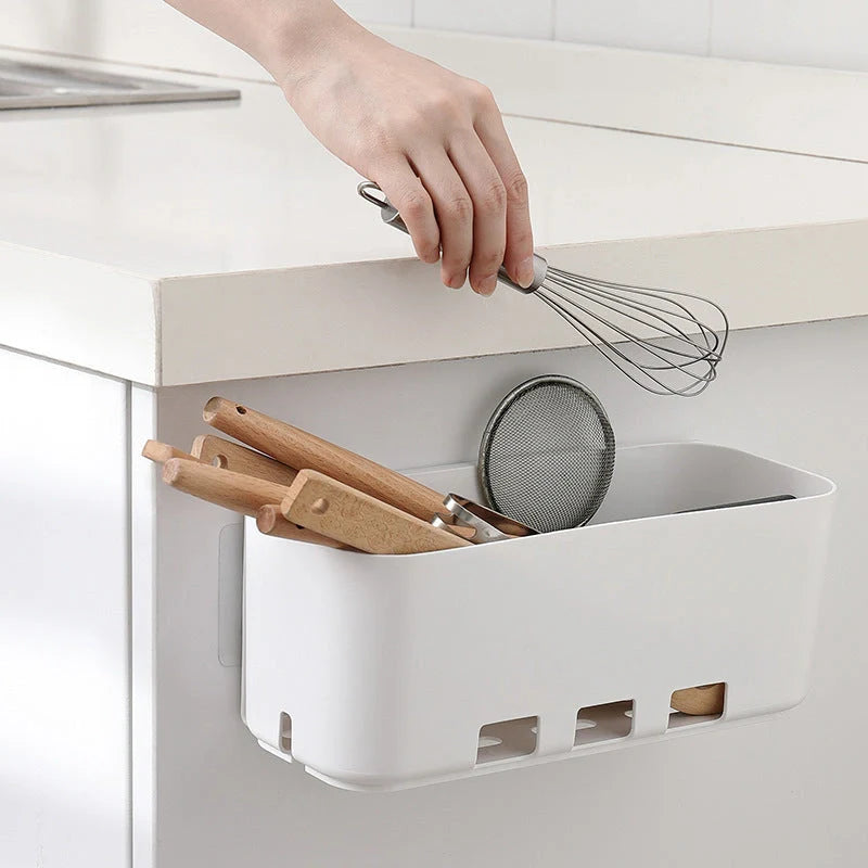 White retractable kitchen cabinet storage rack with hole-free installation