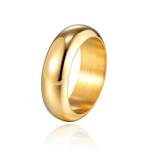 Glossy electroplated titanium steel ring in black, gold, or steel colour on finger