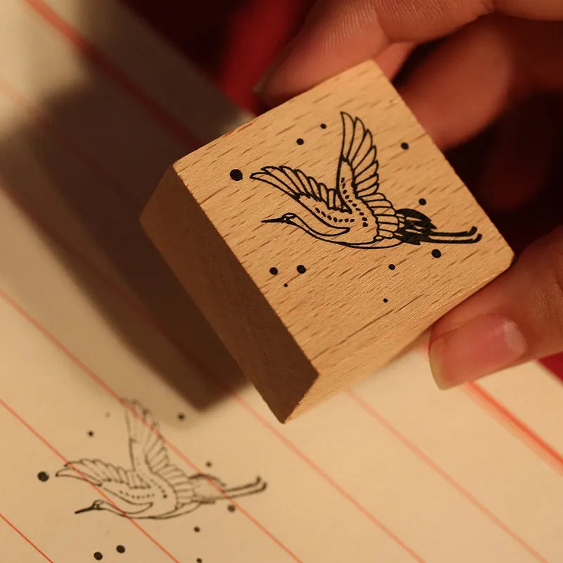 Mr. Paper wooden seal stamp with hand-carved rubber crane design for DIY printing