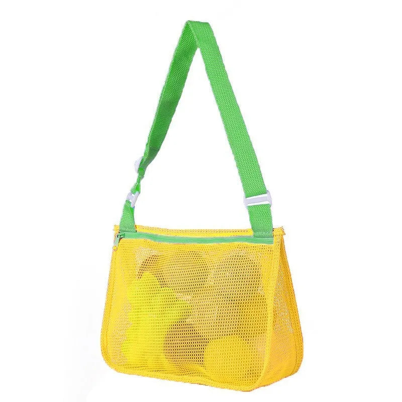 Blue children's drawstring travel storage bag made of nylon mesh for organising toys and clothes.