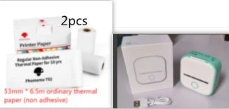 Compact Bluetooth-enabled thermal label printer in white, pink, and green colors with various label options