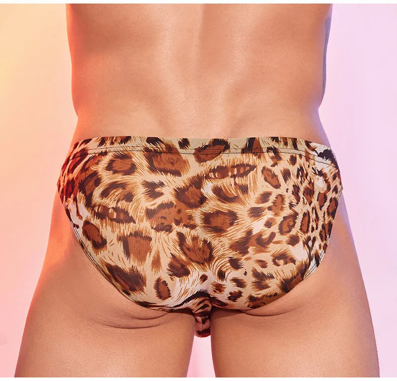 Men's leopard print low-waist underpants in free size nylon briefs with animal pattern design