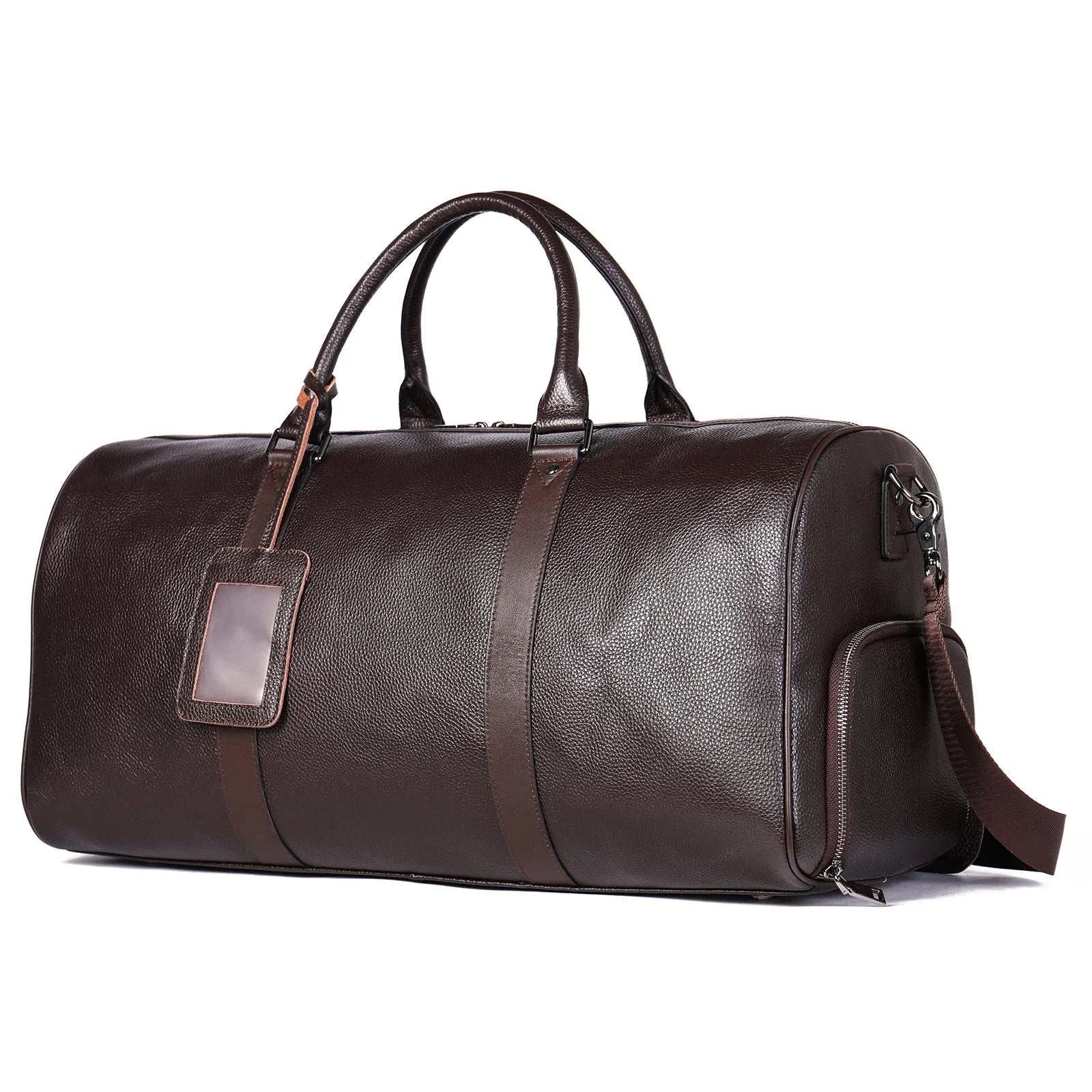 Men's leather excursion tote bag showing 44cm and 55cm size options in black and coffee colours