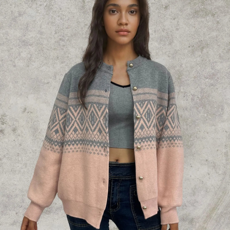 Women's long-sleeved cardigan knitted sweater in alpaca wool with contrast colour diamond pattern and free size for street fashion wear, available in red, grey or pink colour options