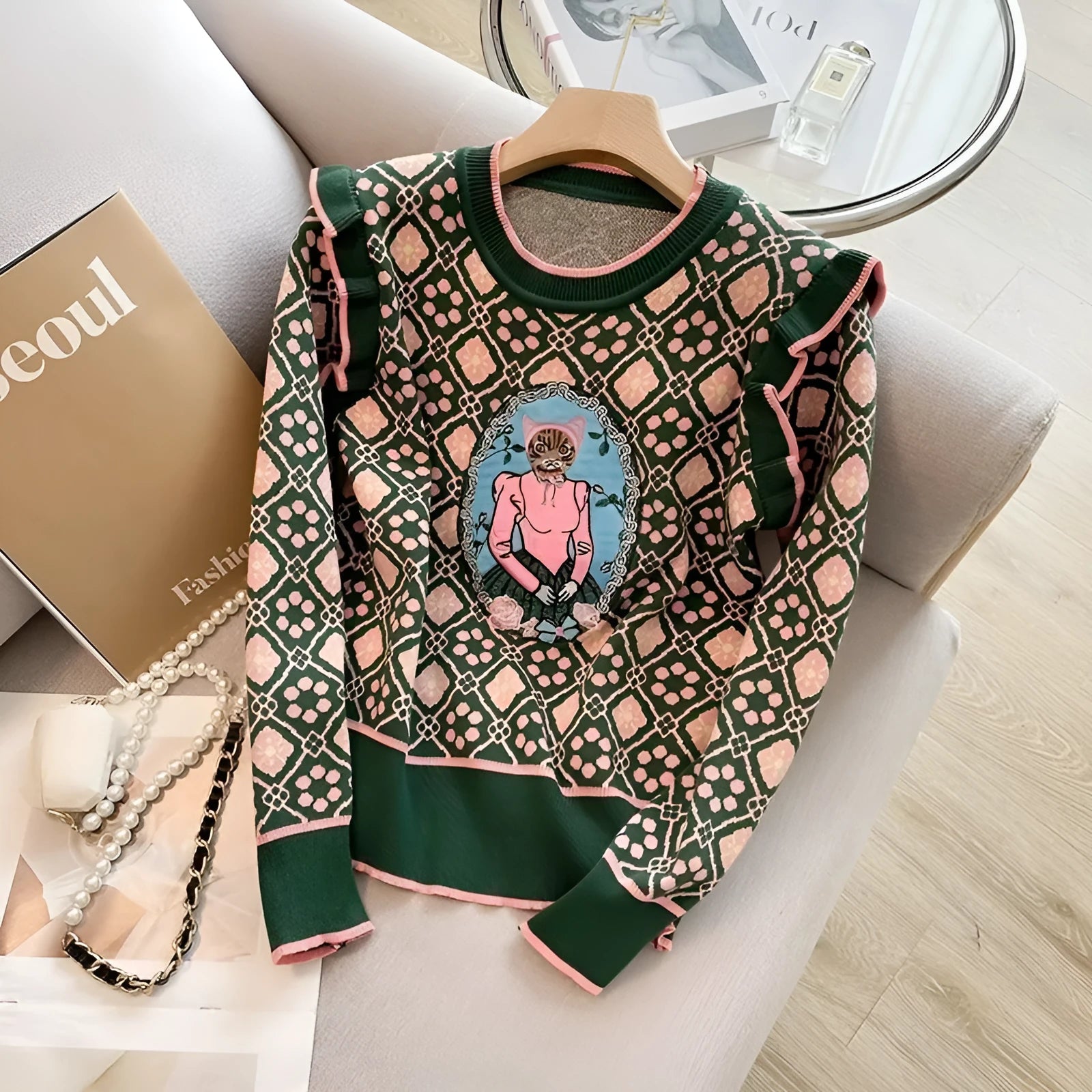 Green women's printed loose-fit sweater with regular sleeves
