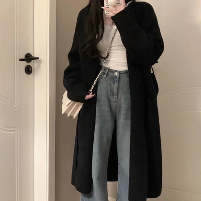 Dark grey loose knitted women's cardigan with 3D pattern texture, 65cm length with long sleeves