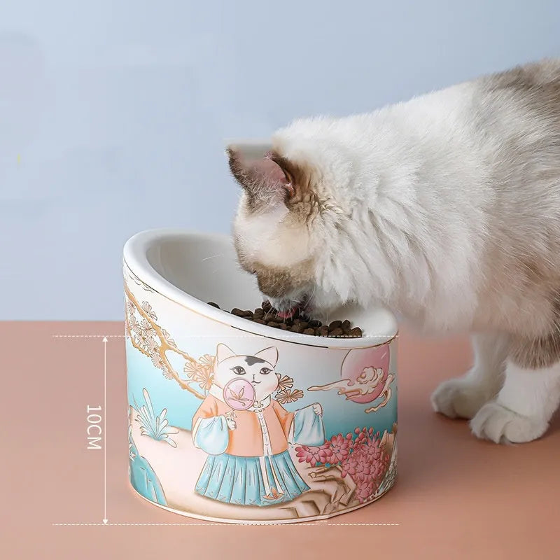 Chinese style ceramic cat bowl with high legs and double compartments
