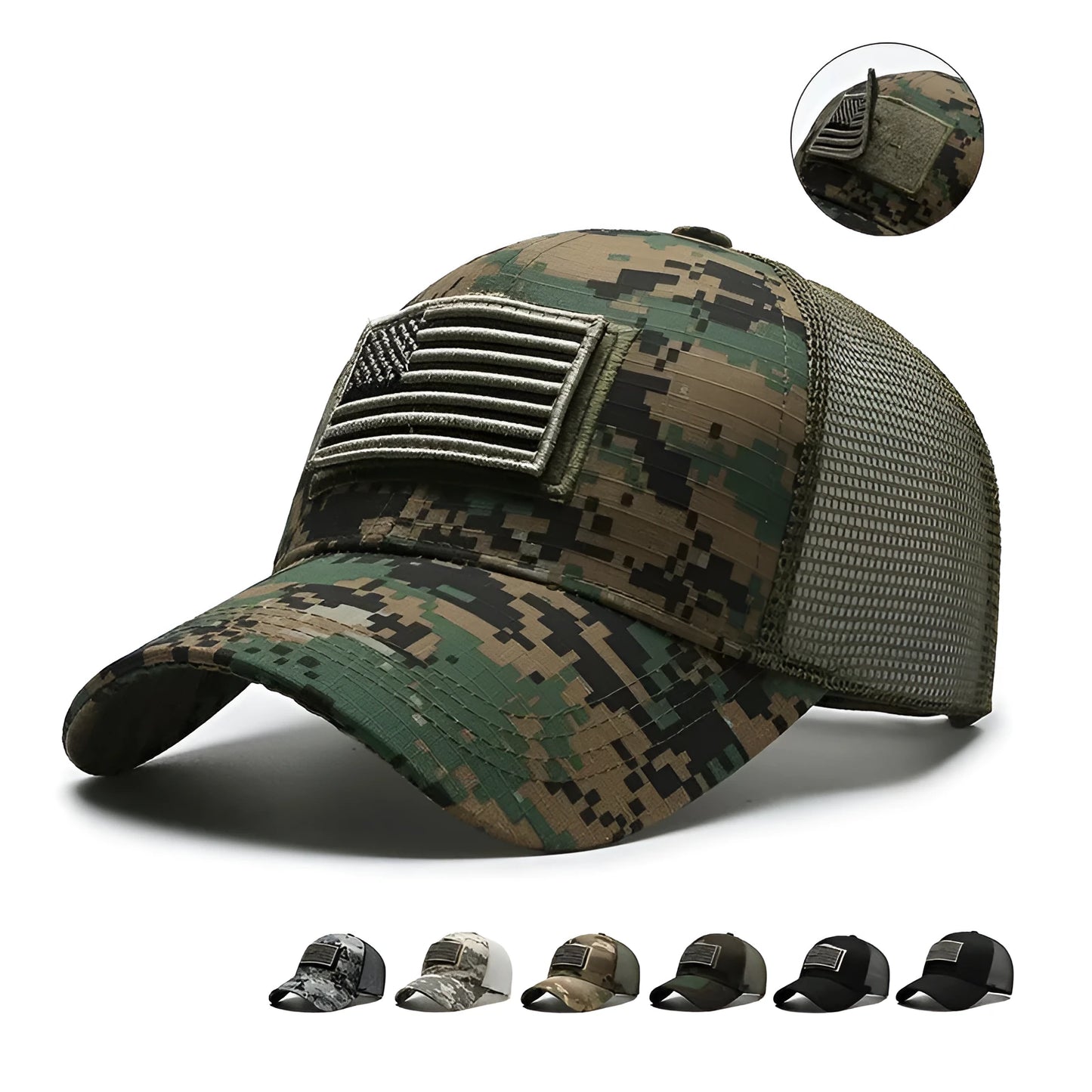 Adjustable camouflage baseball cap with Velcro closure and machine embroidery detailing