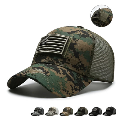 Adjustable camouflage baseball cap with Velcro closure and machine embroidery detailing
