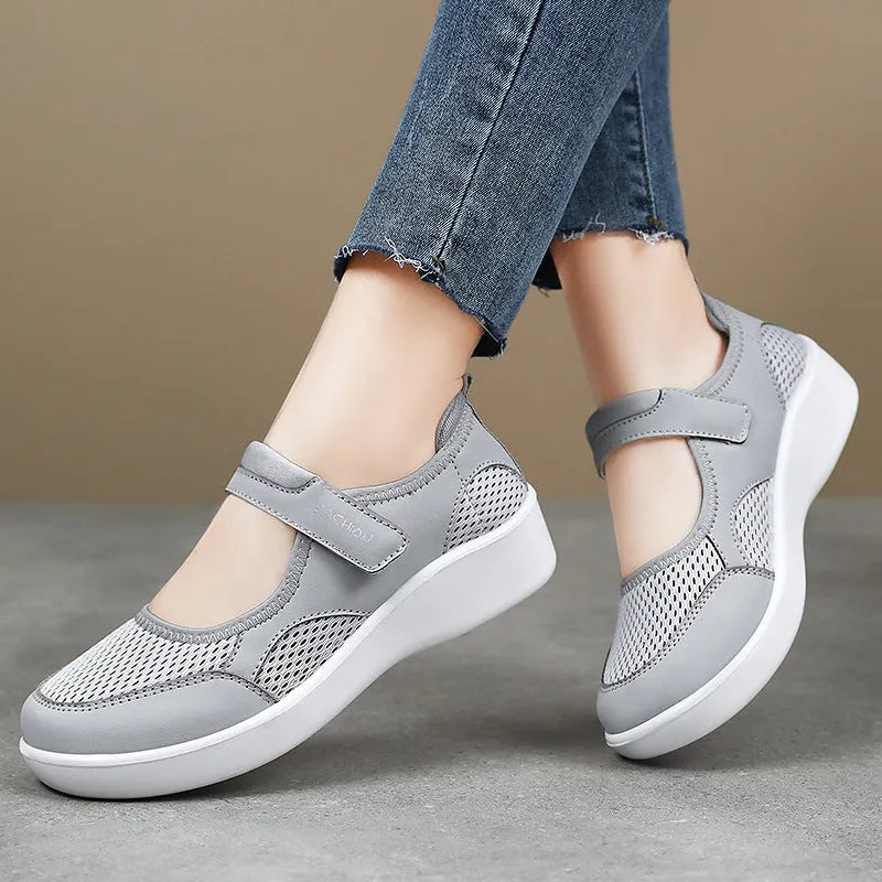 Women's casual shoes breathable low-top sneakers for spring summer leisure wear, polyurethane sole mesh upper Velcro closure round toe shallow cut shoes in black grey pink red available sizes 36-41 injection moulded construction