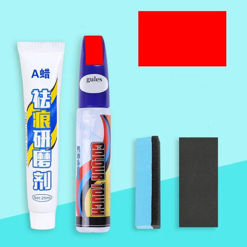 Automotive paint repair pen kit with touch-up fluid, wax, sponge, and sandpaper for car scratch repair