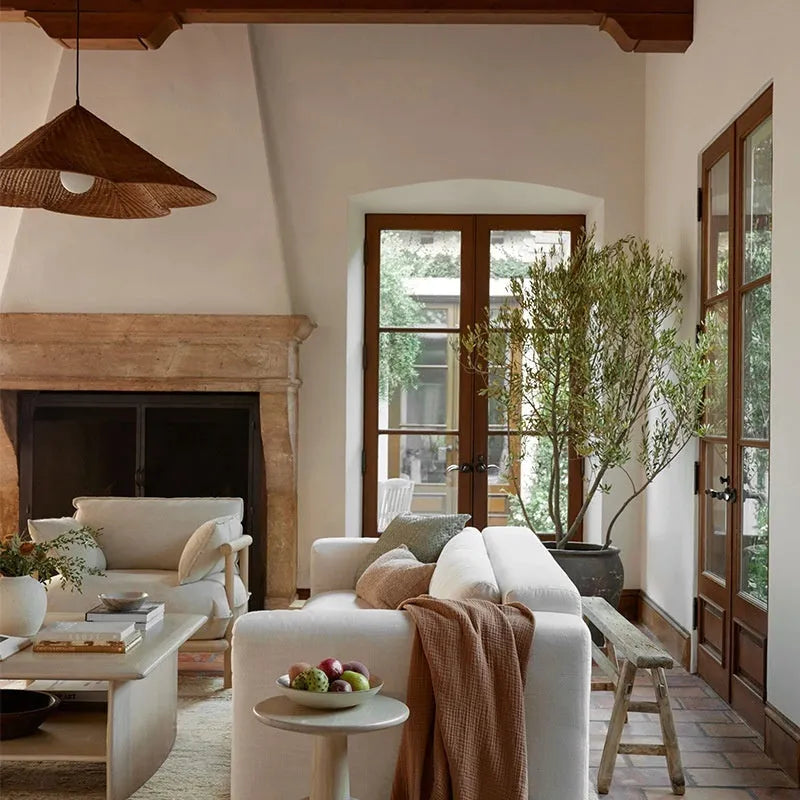 Rattan woven ceiling lamp with Silent Wind style in natural finish, shown from below