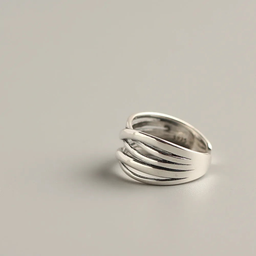 Women's S925 sterling silver ring with vintage weave pattern in retro silver colour