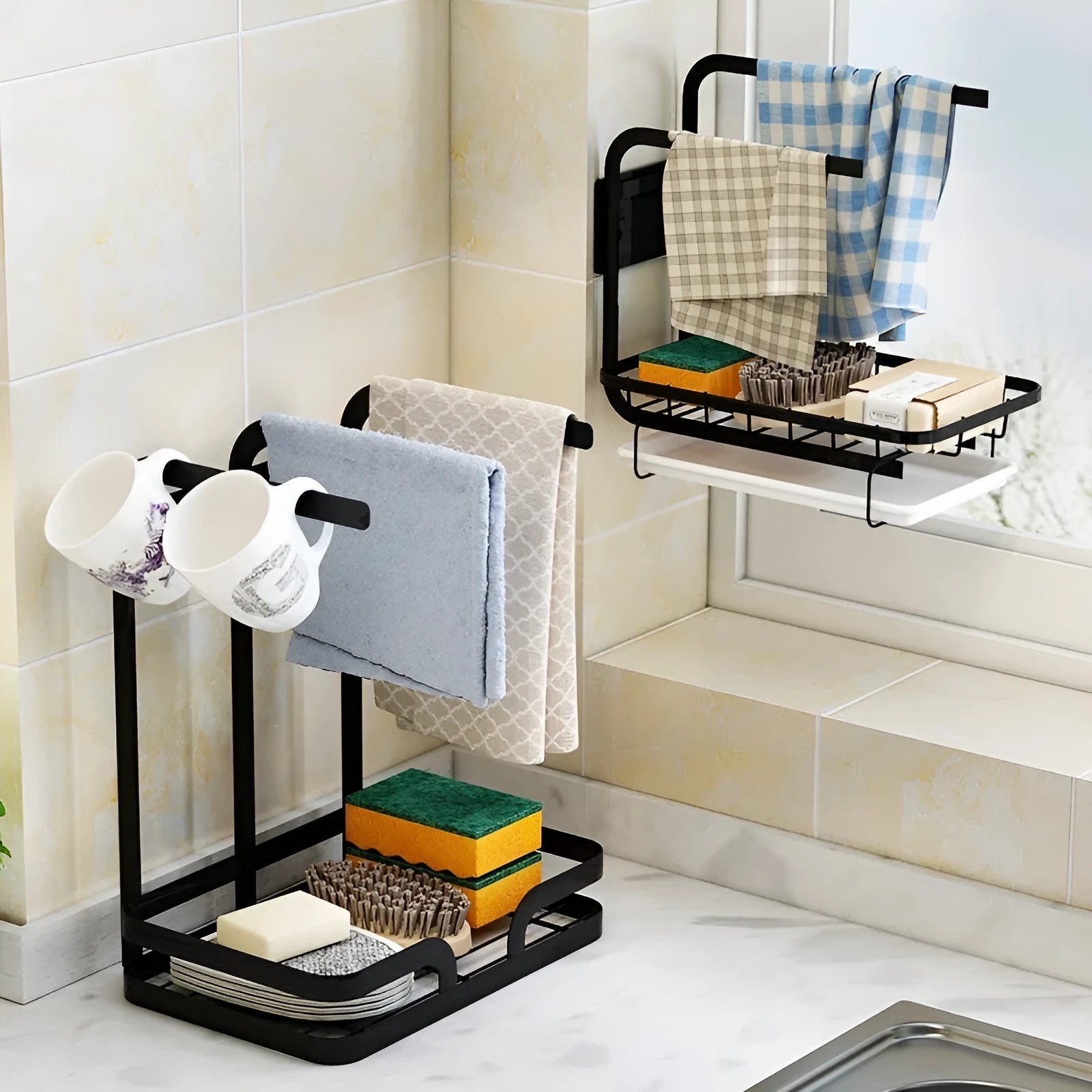 White foldable plastic kitchen draining rack shown in new Chinese style, suitable for wall mounting or desktop use.