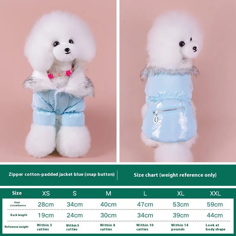 British style blue cotton dog jacket with winter padding shown on a model dog