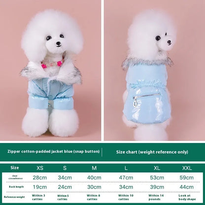 British style blue cotton dog jacket with winter padding shown on a model dog