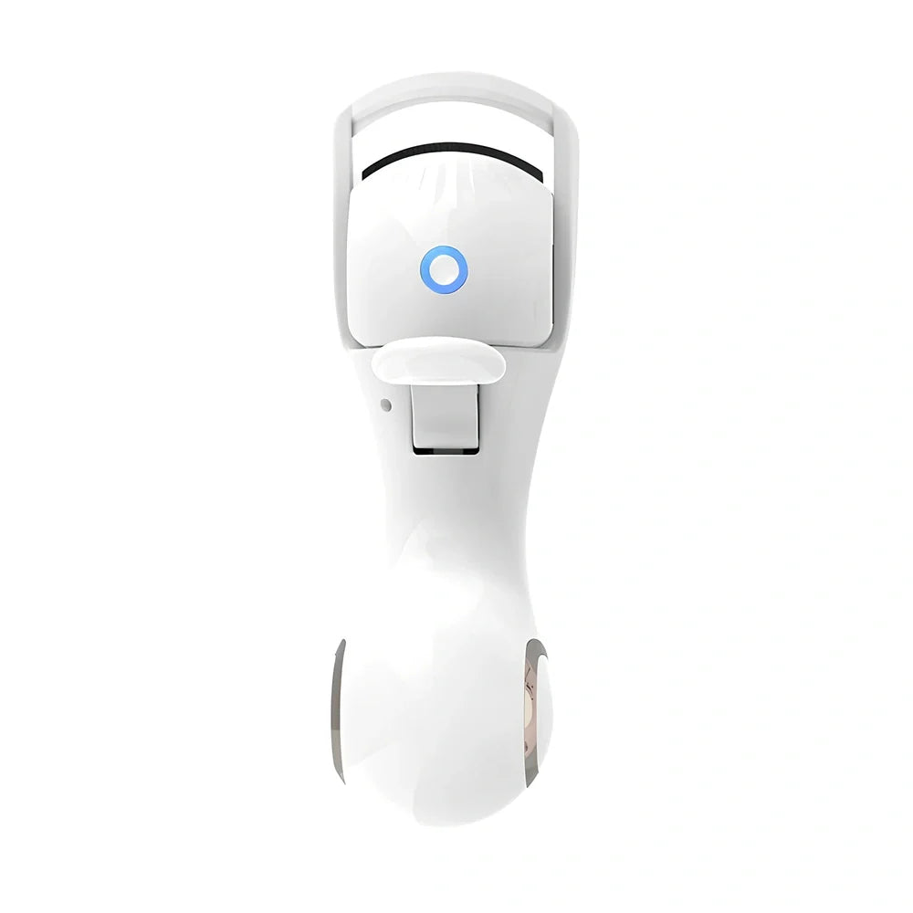 Pink and white electric eyelash curler with USB charging cable and temperature control settings