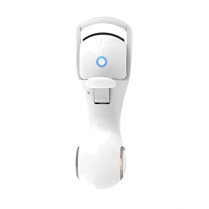Pink and white electric eyelash curler with USB charging cable and temperature control settings