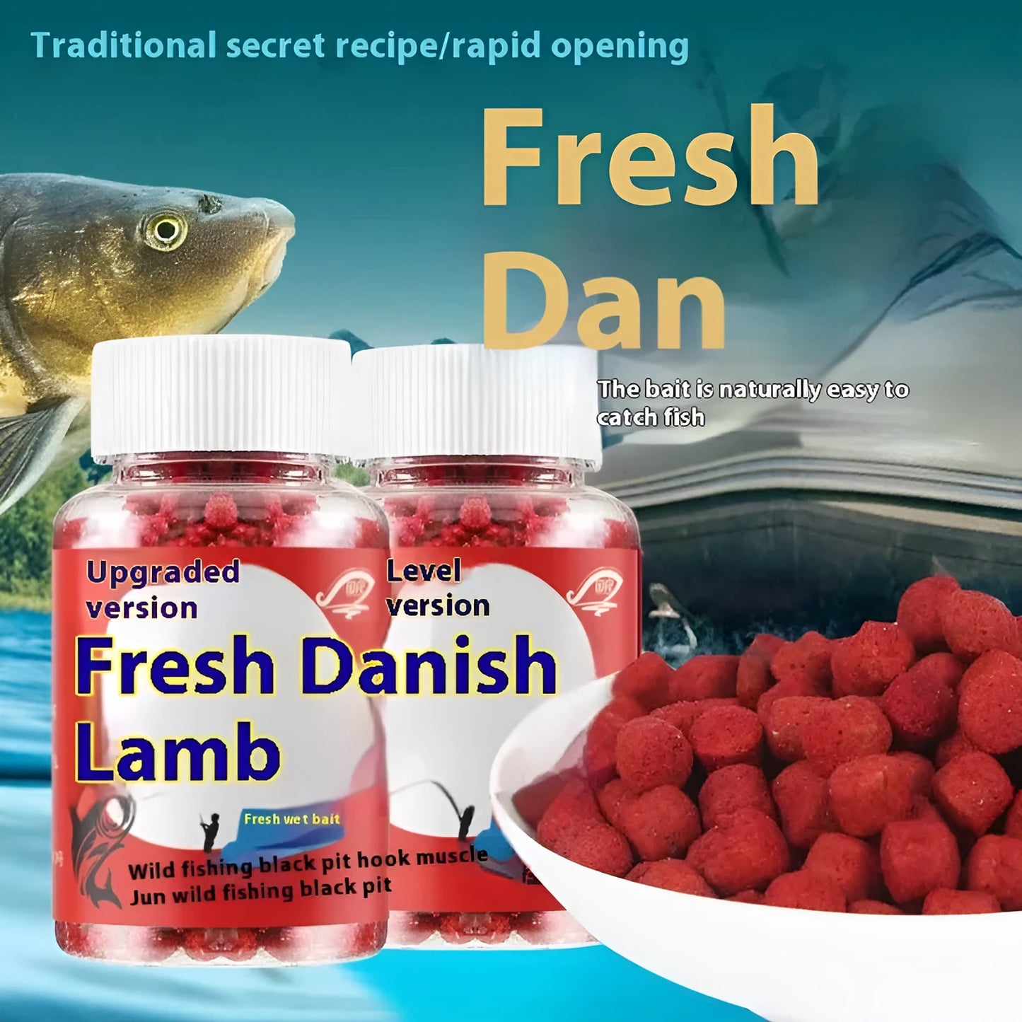 Grass green crucian carp fishing bait particles in bottle packaging for freshwater angling