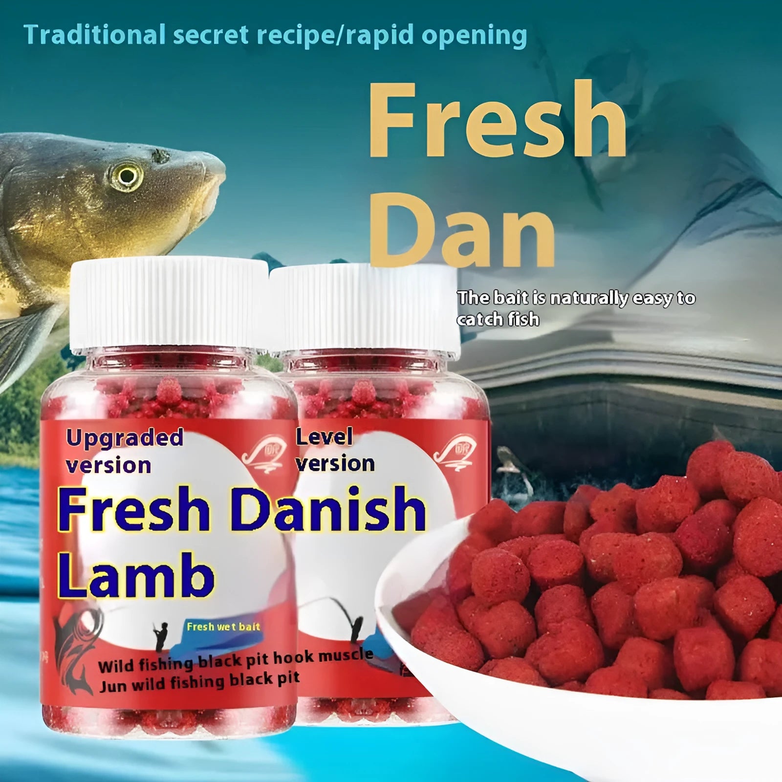 Grass green crucian carp fishing bait particles in bottle packaging for freshwater angling