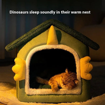 Large grey enclosed cat bed with soft cushion and blanket inside, shown next to a medium and small size.
