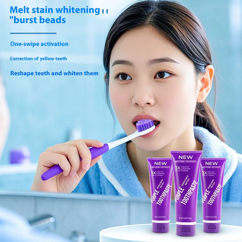 Purple whitening toothpaste for adults to remove yellow stains, 120g tube with clinically proven whitening formula and deep cleaning ingredients for daily oral care