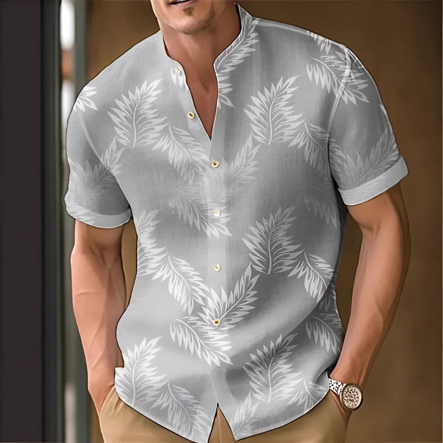 Men's printed polyester casual shirt showing colour options MB01RQ Y085-Y092 with Asian sizing S to 4XL