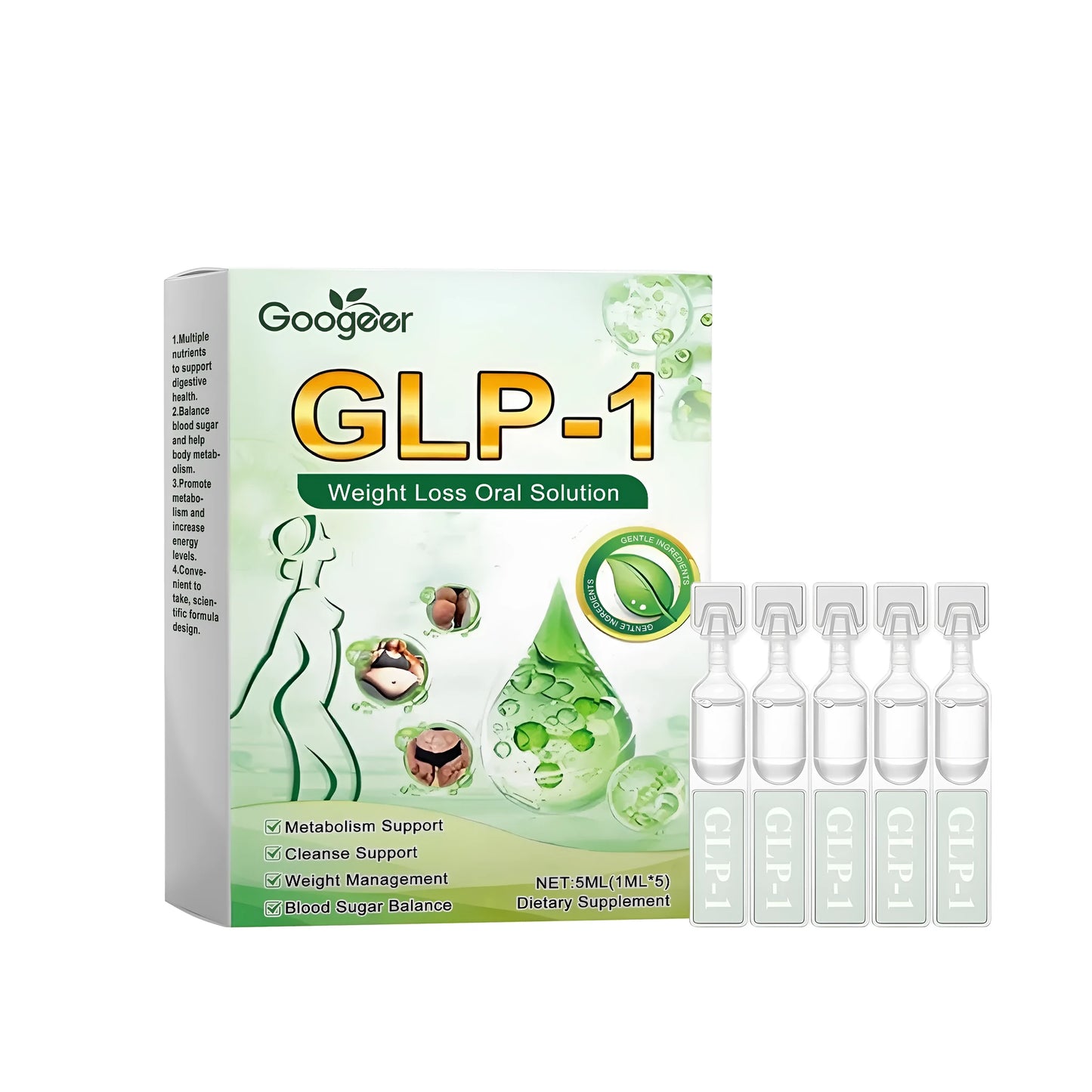 Five small glass vials containing 5ml of clear slimming and shaping liquid dietary supplement drops.