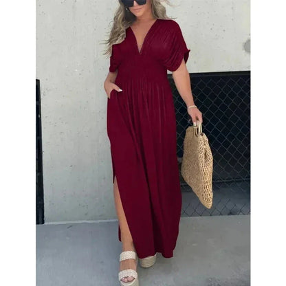 Elegant bat-sleeve v-neck slit dress in a variety of summer colors, featuring a flattering silhouette and comfortable polyester fabric