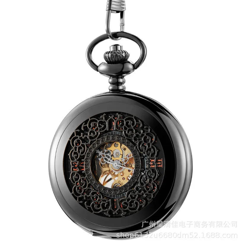 Retro mechanical pocket watch with floral print dial and transparent case back showing movement