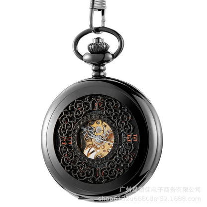Retro mechanical pocket watch with floral print dial and transparent case back showing movement