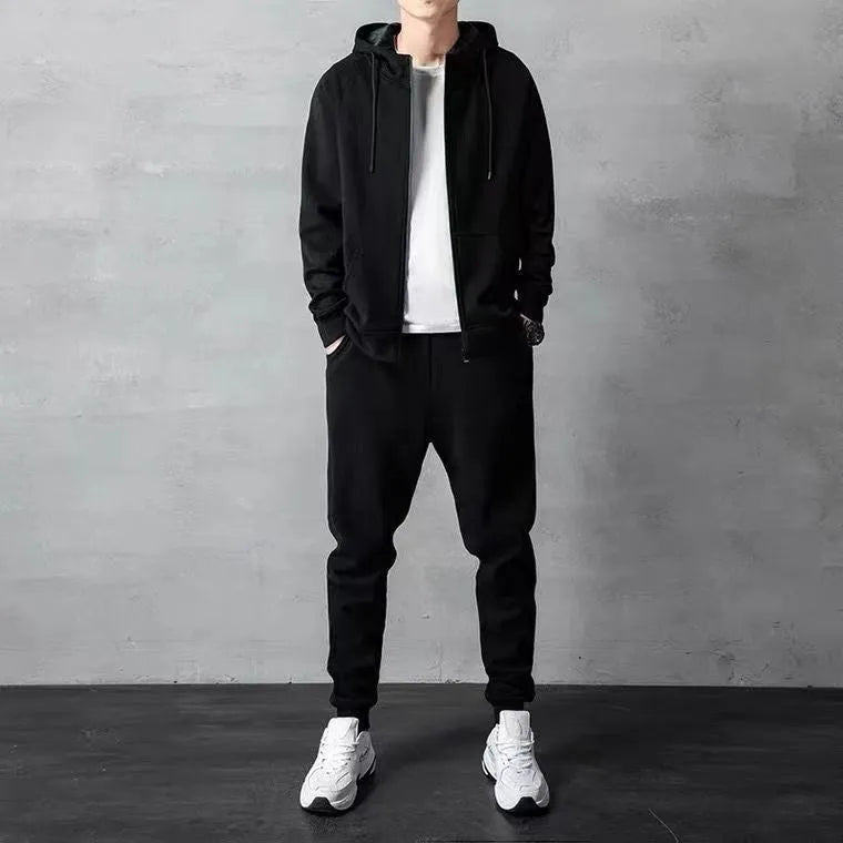 Men's cotton zip-up hoodie and long pants set in black or gray, casual spring tracksuit, sizes M to 4XL