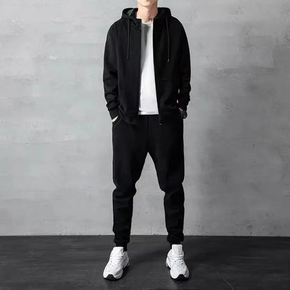 Men's cotton zip-up hoodie and long pants set in black or gray, casual spring tracksuit, sizes M to 4XL