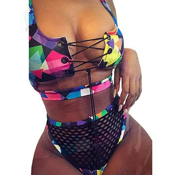 Women's checkered multicolor bikini with cross strap top and fishnet high waist briefs