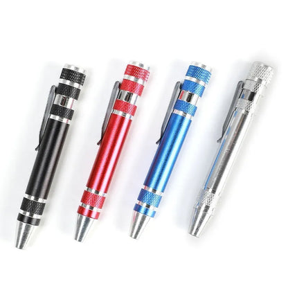8-in-1 pen-type screwdriver set with aluminium handle and multiple coloured options on a white background.