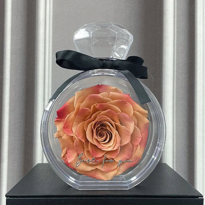 Preserved dried rose floral ornaments in a transparent display, available in various colors for home decor and special occasions
