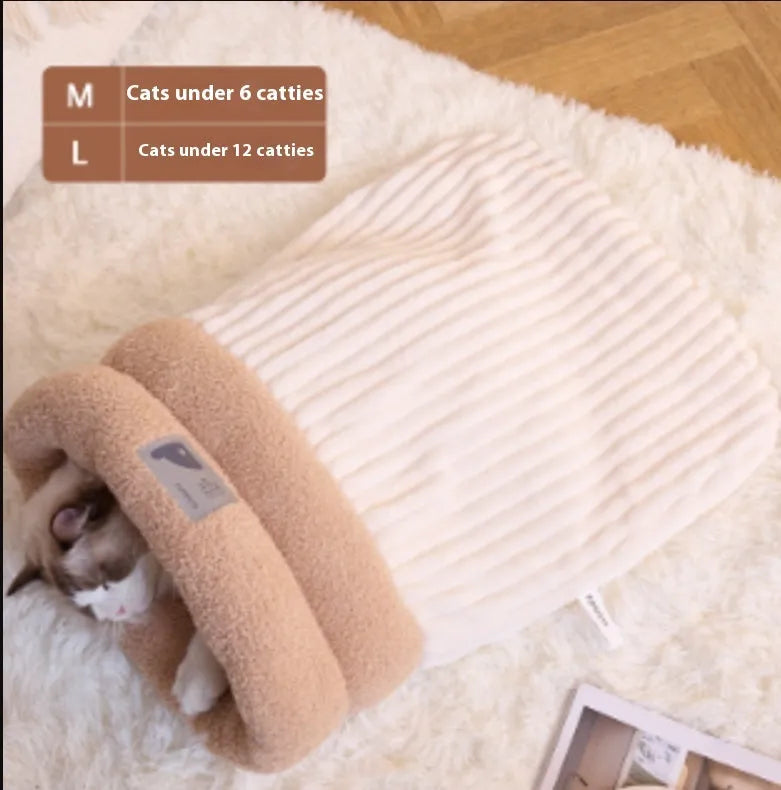 Semi-enclosed plush pet sleeping bag in brown, grey or white, sizes L and M