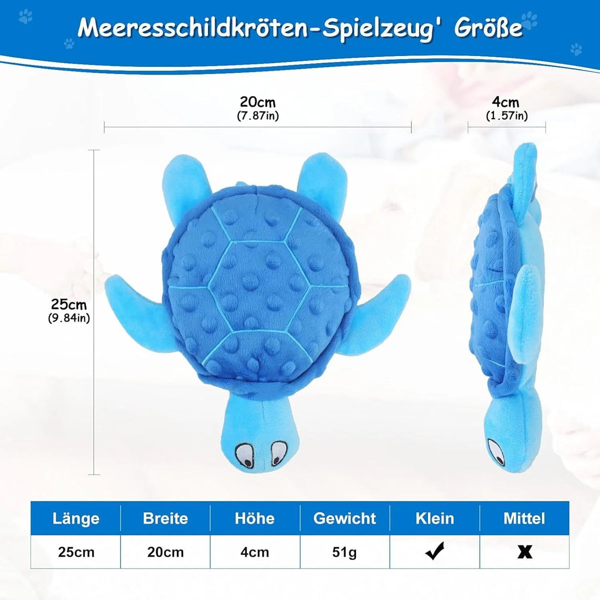 Blue sea turtle plush dog toy with squeaker, crinkle and rattle sounds for small dogs.