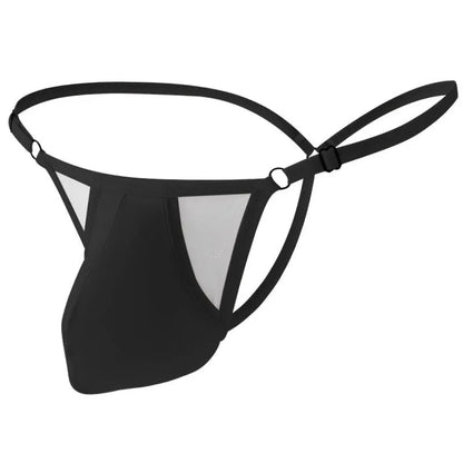 Men's ice silk T-back underwear in a geometric pattern, showing adjustable thin straps and low-waist fit.