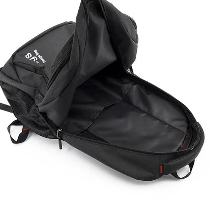 Large black nylon fashion backpack with dual straps, showing organised internal laptop and file pockets