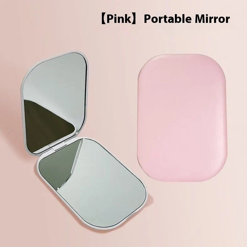 White foldable cosmetic mirror with LED lights showing 10.4x7.5cm glass lens and 105x75mm frame