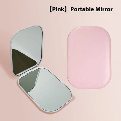 White foldable cosmetic mirror with LED lights showing 10.4x7.5cm glass lens and 105x75mm frame