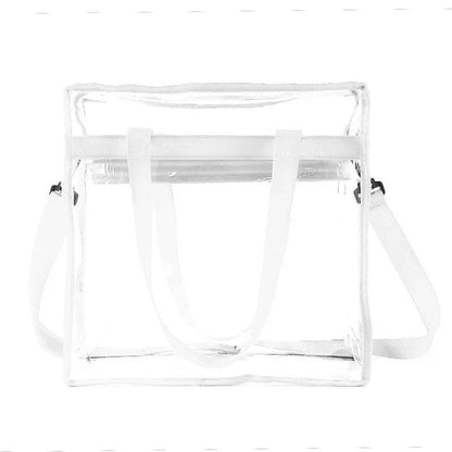 Clear PVC women's messenger bag with a coloured front panel and double shoulder straps.